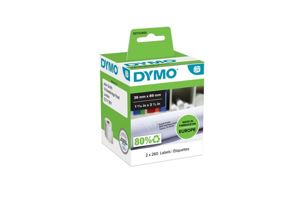 DYMO 2 rouleaux de 260 étiquettes noir sur blanc 89x36 mm
